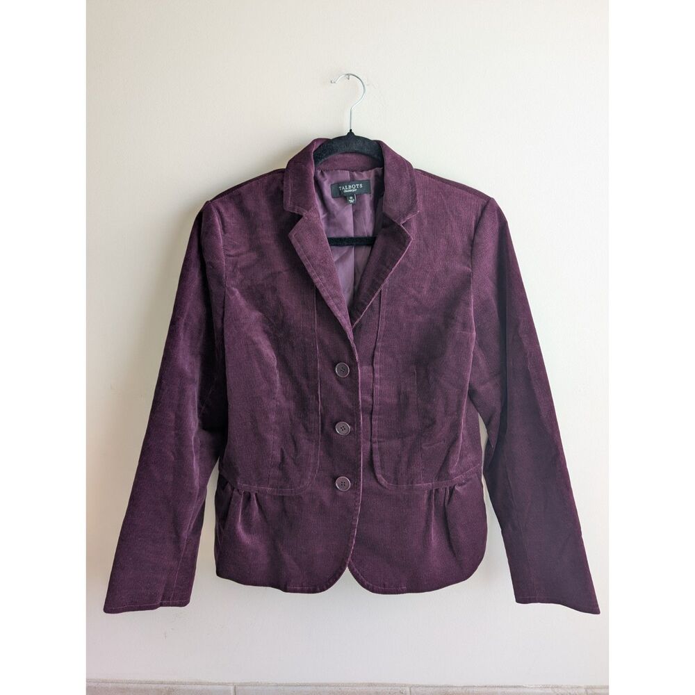 Talbots women's plum purple corduroy blazer jacket 3 button peplum pockets, 10